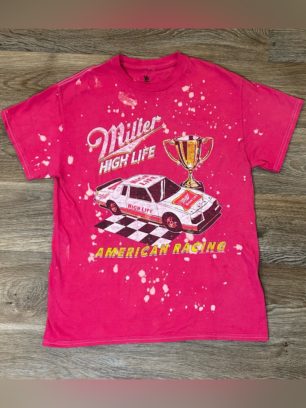Miller High Life - Junk Food Clothing - Pink w/ Bleach Spots Graphic Tee Small